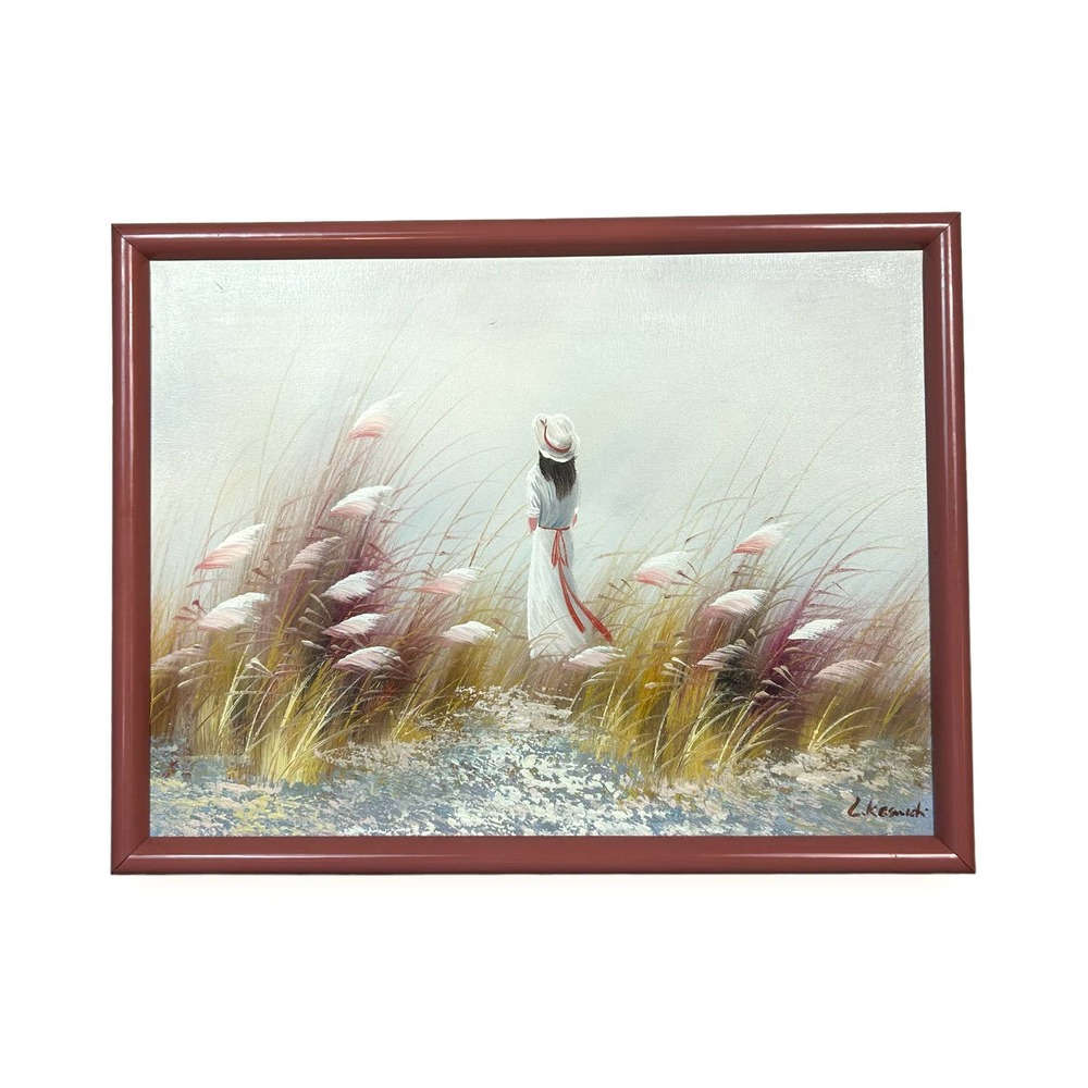 Vintage Original Framed Painting Girl Looking at the Sea Canvas 24x10